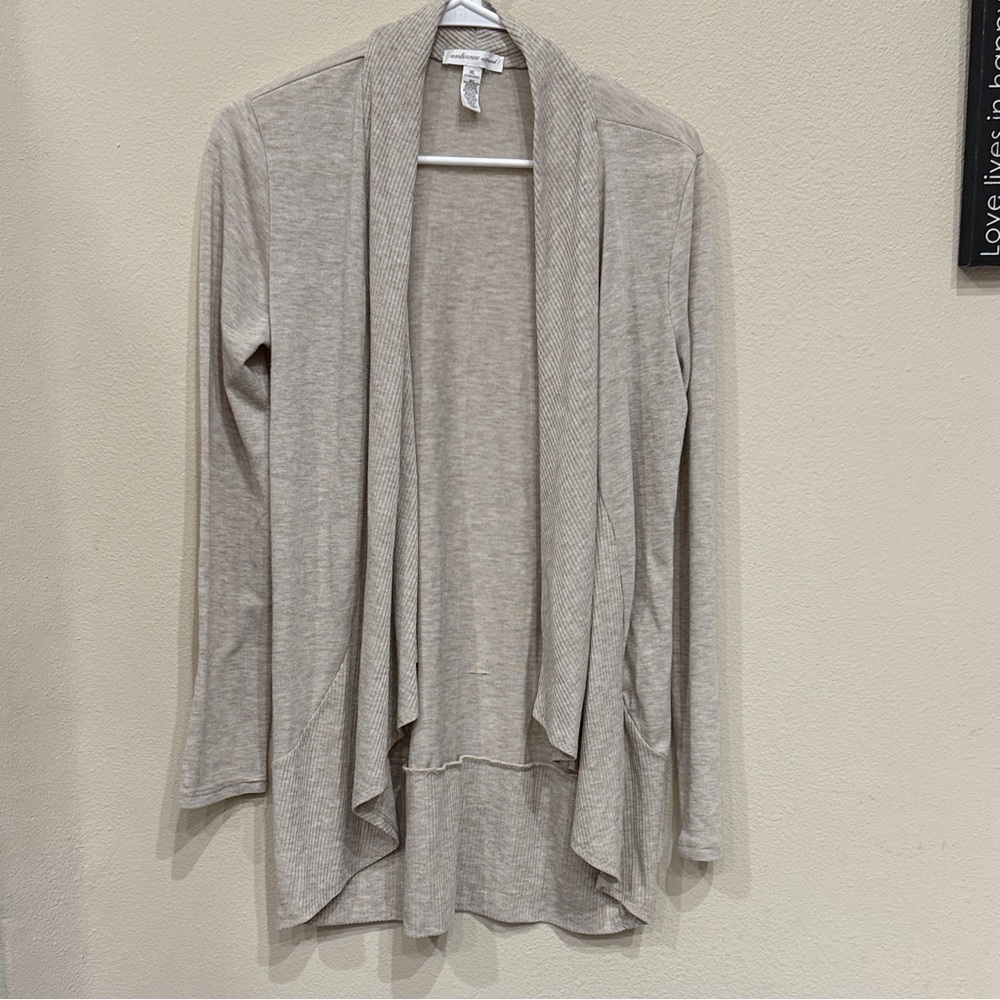 Ambiance Light Tan Open Front Cardigan Ribbed Material Around Neck Down Size XL